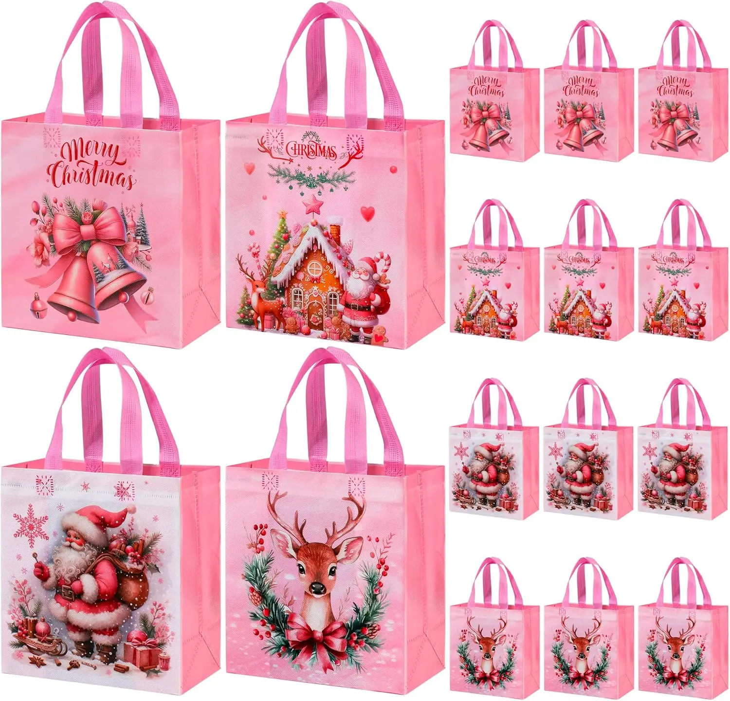 Lot De 12 Sacs Cadeaux De Noël Extra Larges, Non Tissés, Réutilisables Avec Poignée, Motifs Tendance, Parfaits Pour Les Cadeaux De Vacances Et Les Décorations (42 X 32 X 17 Cm