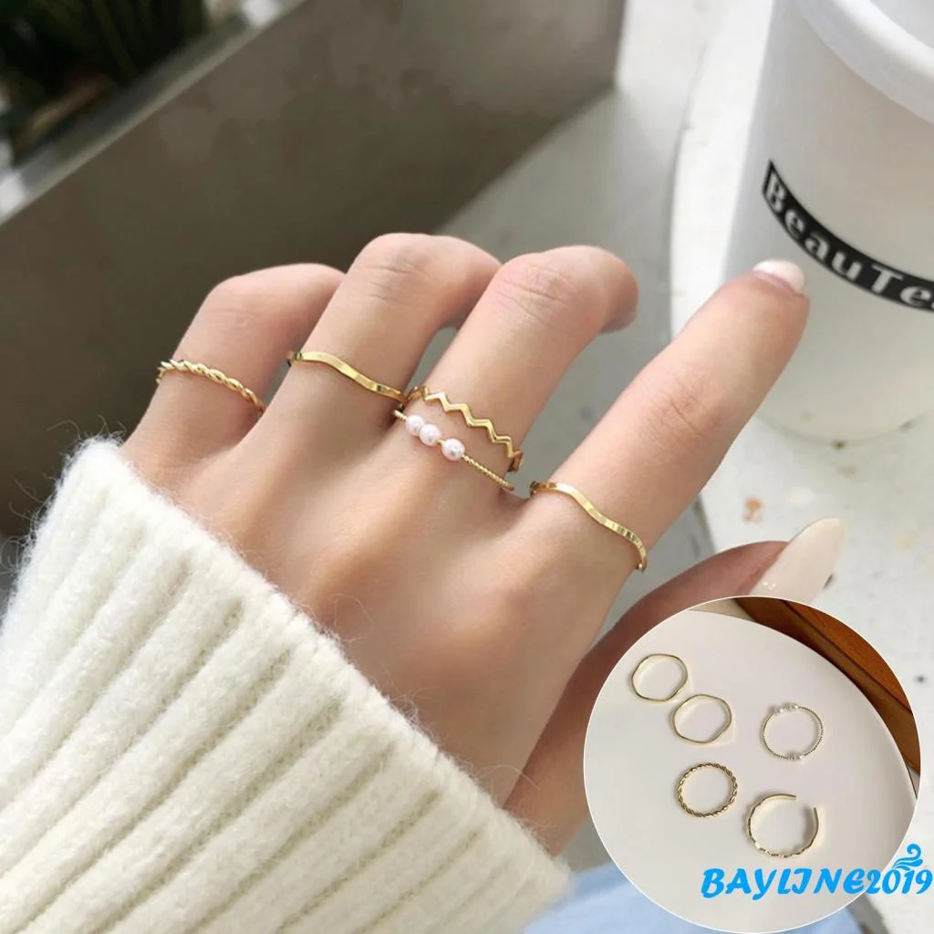 

Bayline-5pcs Women Rings, Gold/Silver Wavy Pearl Ring Combo Casual Party Jewelry Birthday Gift