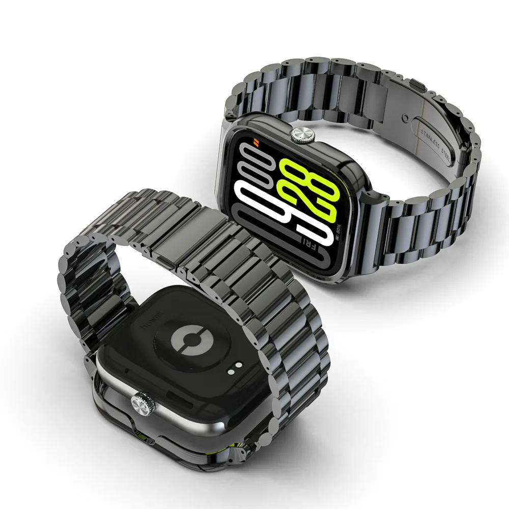 Enhanced Metal Watch Strap and Protective Case Set - Three-Bead Stainless Steel Design