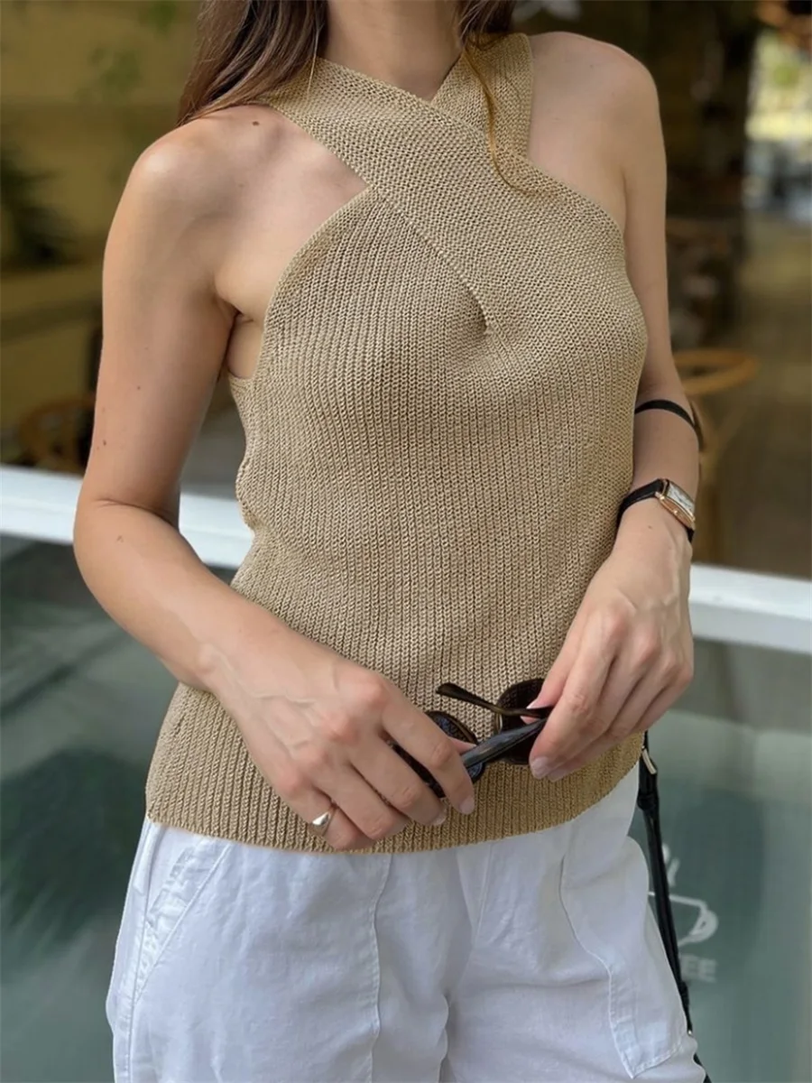 Women's Summer Knit Tank Tops Solid Color Sleeveless Cross Front Slim Sweater Vest Ladies Chic Camis Vest for Streetwear Y2K 00s picture