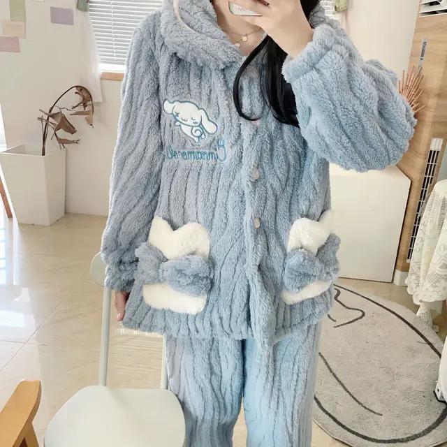 Kawaii Jacquard Velvet Pajamas Set Sanrio Cinnamoroll Cute Winter Warmth Thickened Plush Household Suit Girls  Gift