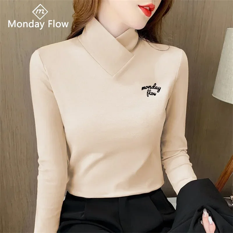 Mondayflow Spring Tennis Women's Long Sleeve T-shirt Plush Warm Elastic Bottom Shirts Half High Neck Fashion Golf Sports T-shirt