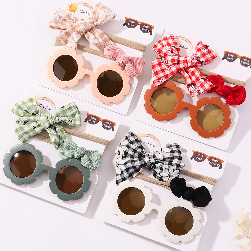 3Pcs/set Cute Kids Print Bows Headband Round Sunglasses Set Children Holiday Protection Sun Glasses Baby Hair Accessories Gift 3pcs baby headband cute sunglasses set beach photography kids headwear girls hair accessories props outdoor protection glasses