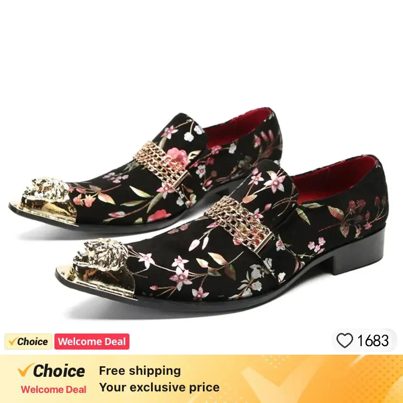 New black Color Men Leather Shoes Men's Loafers with Gold Toe and Metal Party Wedding Men Dress Shoes