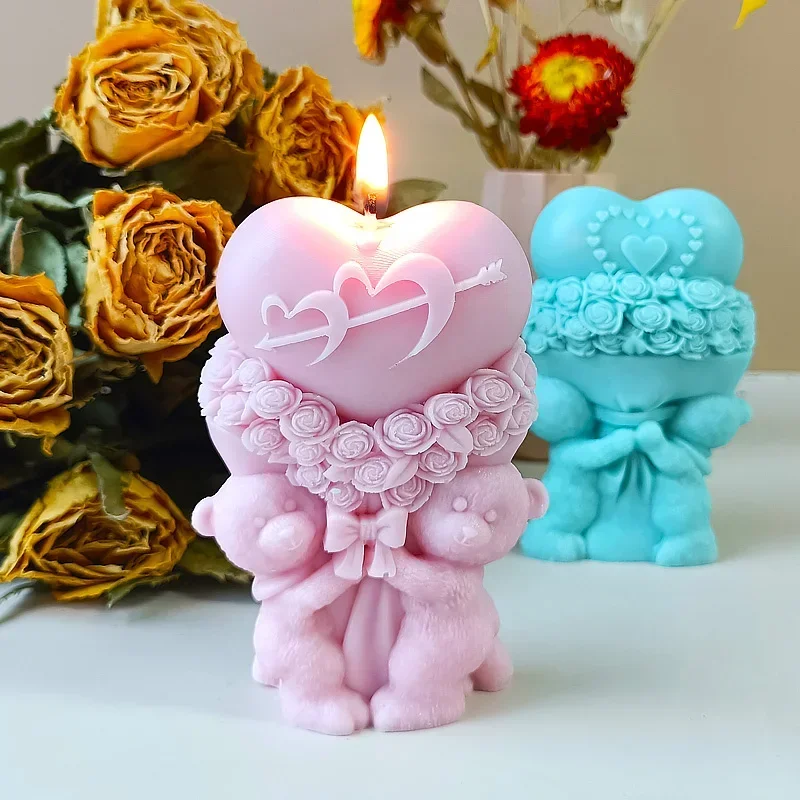 Rose Bear Heart Mold Bouquet Flower Valentine'day DIY Mold Heart
