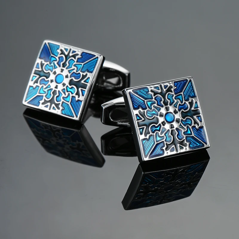 Luxury Mens Cufflinks - Classic Square Blue  Black Retro Pattern Suit Accessories