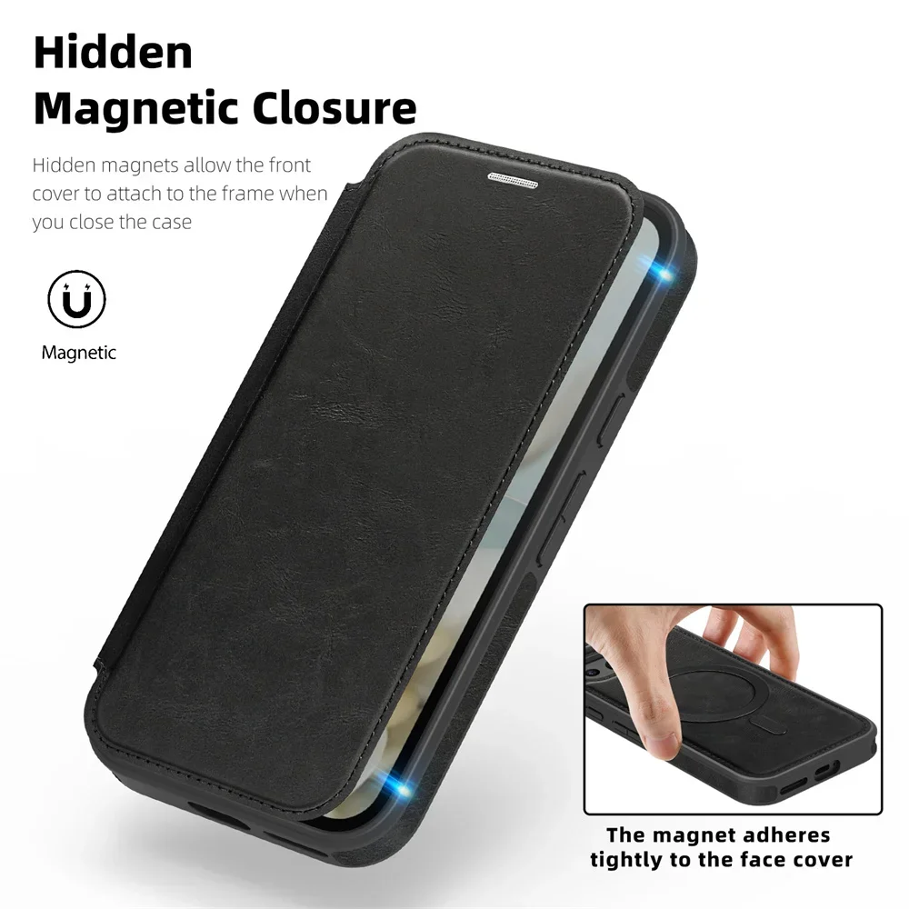 RFID Blocking Leather Wallet with Card Holder & Electroplating for MagSafe Flip Phone Case