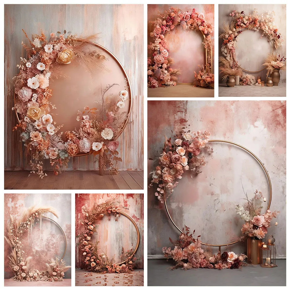 

Mehofond Boho Pampas Photography Backdrop Maternity Party Portrait Round Ring Flower Background Grunge Wall Decor Photo Studio