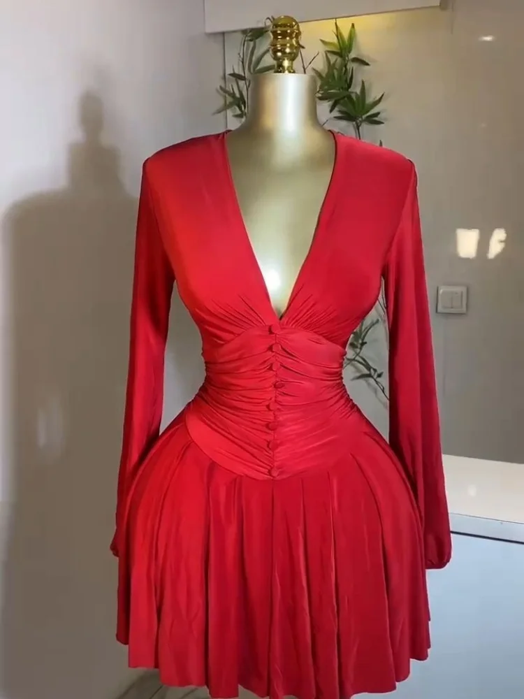 Wmstar Dresses Women Wholesale Solid Women's Pleated Deep V Neck Long Sleeved Dress with A New Style Skirt Women Clothing