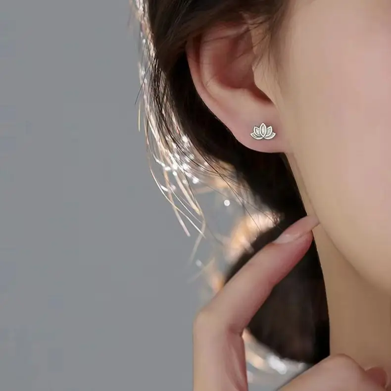925 Sterling Silver Lotus Flower Small Stud Earrings For Women Piercing Luxury Elegant High Jewelry Best Selling - Image 3