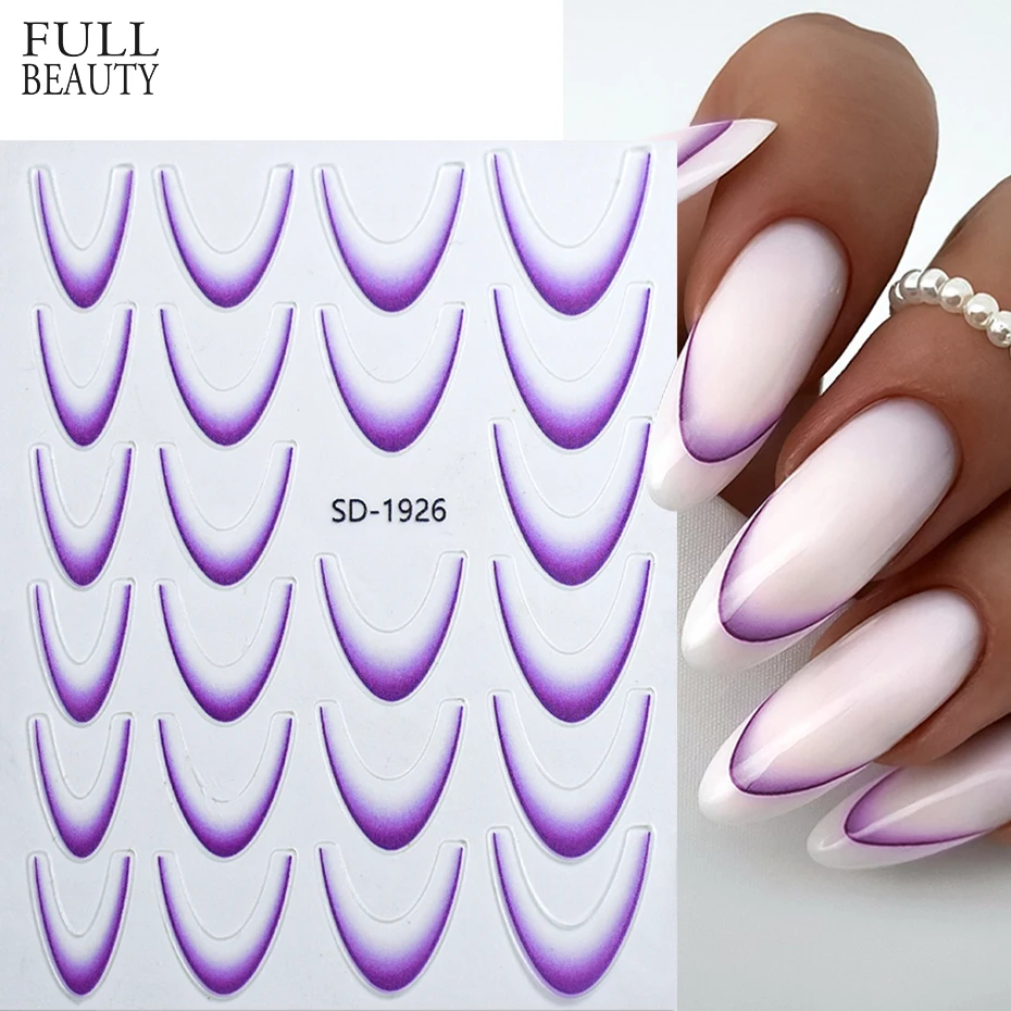 Gradient French Line Nail Stickers Decals Purple Pink Blue 3D French Tips Manicure Nail Art Gel Sliders Decorations Accessories