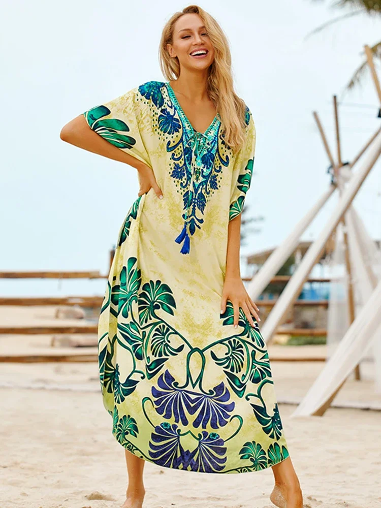 Bohemian Printed Women Plus Size vacation kaftan Summer Beach Maxi Dress Beachwear SwimSuit Cover Up swimsuit cover beach cover