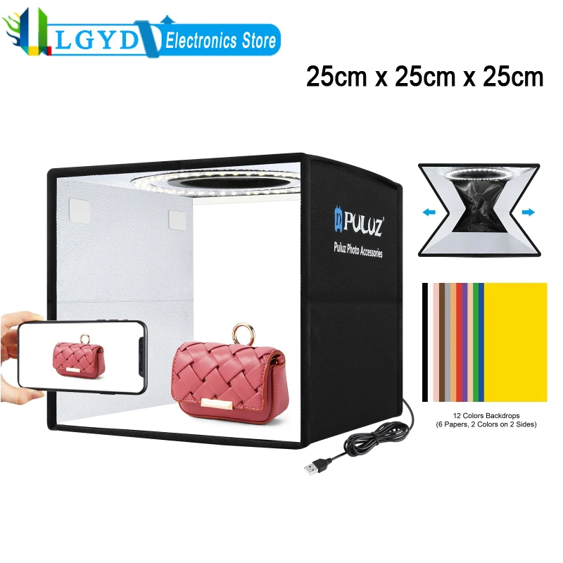 25cm Folding Portable Studio Tent Box Photo Lighting Desktop Studio with 12 Colors Backdrops & High 97 CRI Ring Light