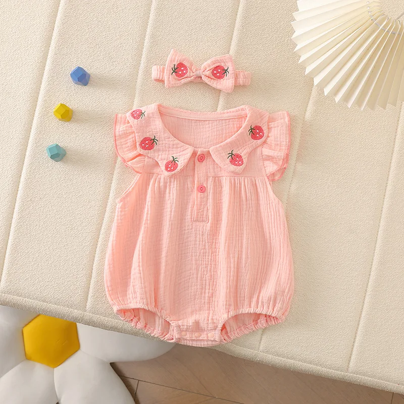Cotton Baby Jumpsuit for Girls with Strawberry Embroidery