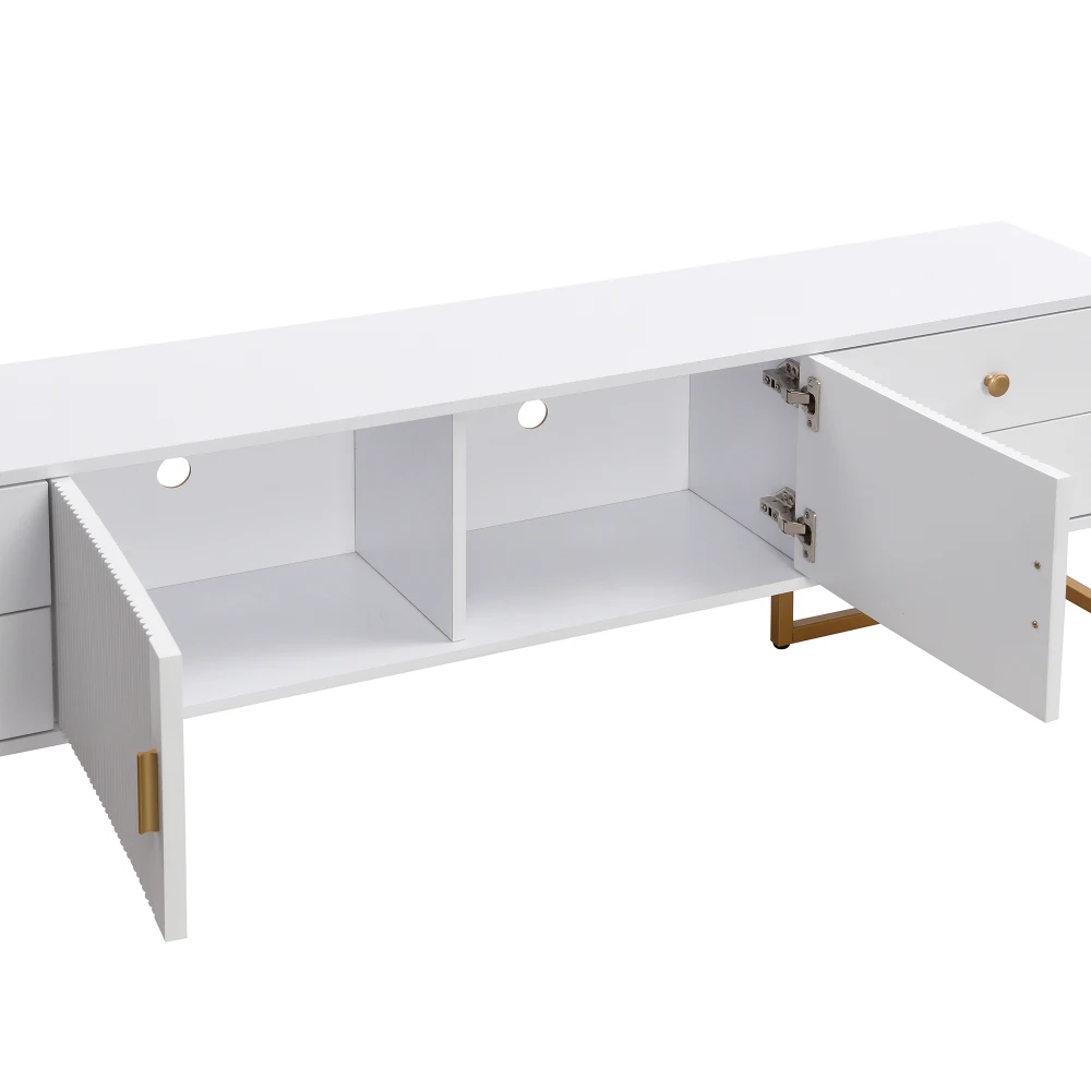Moderner, stilvoller TV-Schrank – niedriges Panel mit strukturierter Tür, Aufbewahrungsschubladen und goldenen Griffen/Füßen, TV-Möbel für das Wohnzimmer – Detail 14