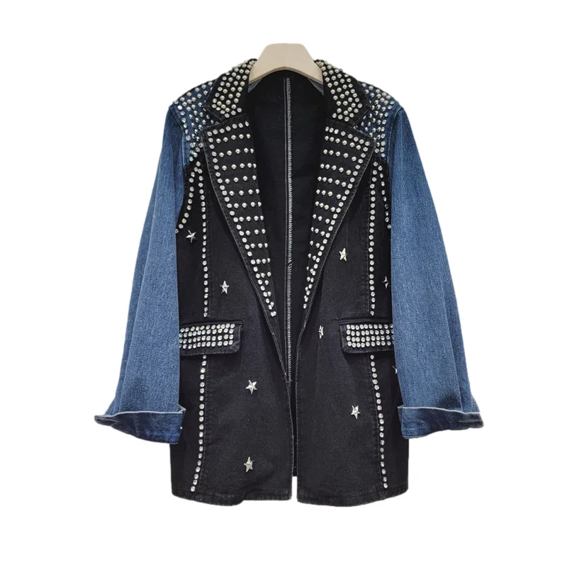 

Mid Long Rivet Diamonds Denim Spliced Plaid Blazer Coat Women Autumn New Loose Vintage Black Jeans Patchwork Suit Jackets Female