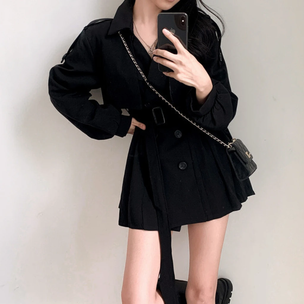 Gabardina elegante y plisada de estilo coreano para mujer, vestido con cinturón, cuello vuelto, doble botonadura, liso, para otoño