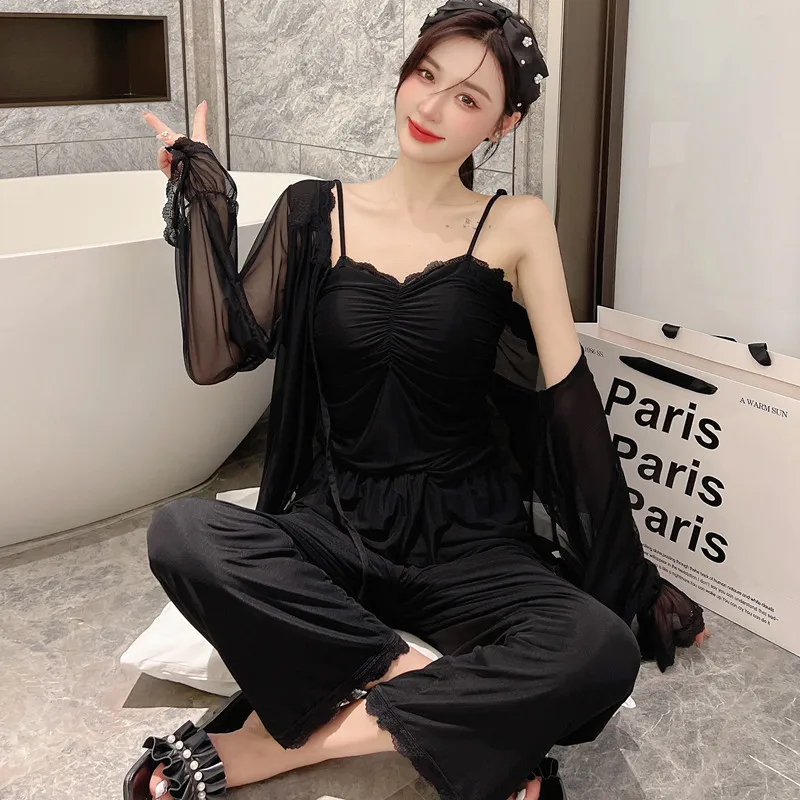 

3pcs Spring Long Sleeve Pijama Sleepwear Women Black Lace Tulle Pajamas Nighties Wear Home Nightwear