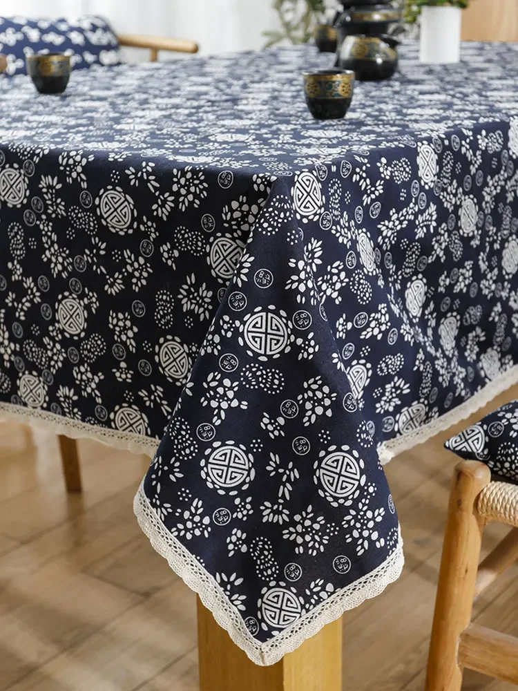 

Blue flower retro tablecloth fabric art anti scalding cotton linen dining table coffee table cover cloth long lace tablecloth