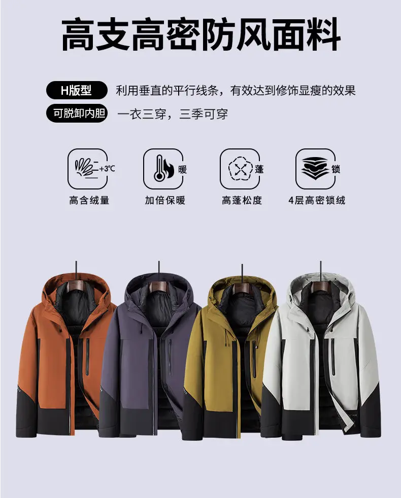 Lässige Outdoor-Jacken mit Kapuze, abnehmbar, 90 % weiße Entendaunenfutter, 2025, warmer Puffermantel für Herren, winddicht, gepolstertes Oberteil, Parka – Detail 8