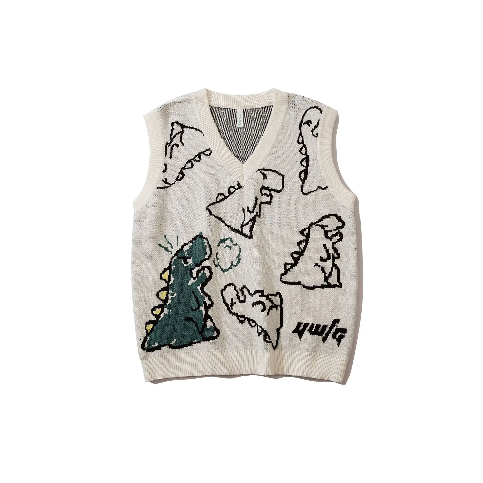 2022 New V Collar Vest Dinosaur Sweater Men's Spring Autumn Cartoon Couple Sweater Vest Sleeveless Sweater Fashion White Vest