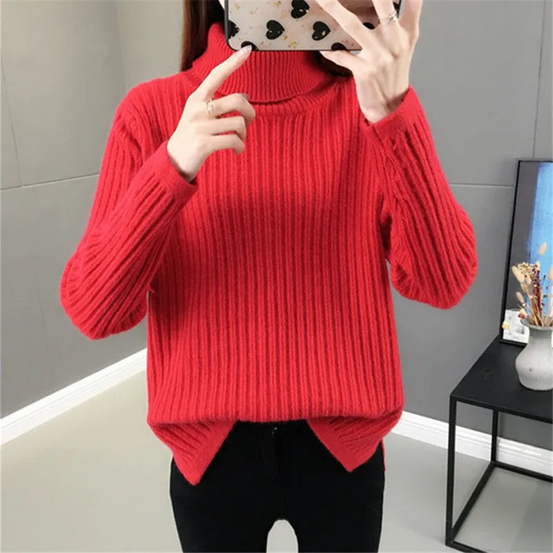 

Spring Autumn Fashion Turtleneck Knitted Sweater Women Loose Pullover Jumpers Ladies 5 Color Long Sleeve Knitting Tops Female