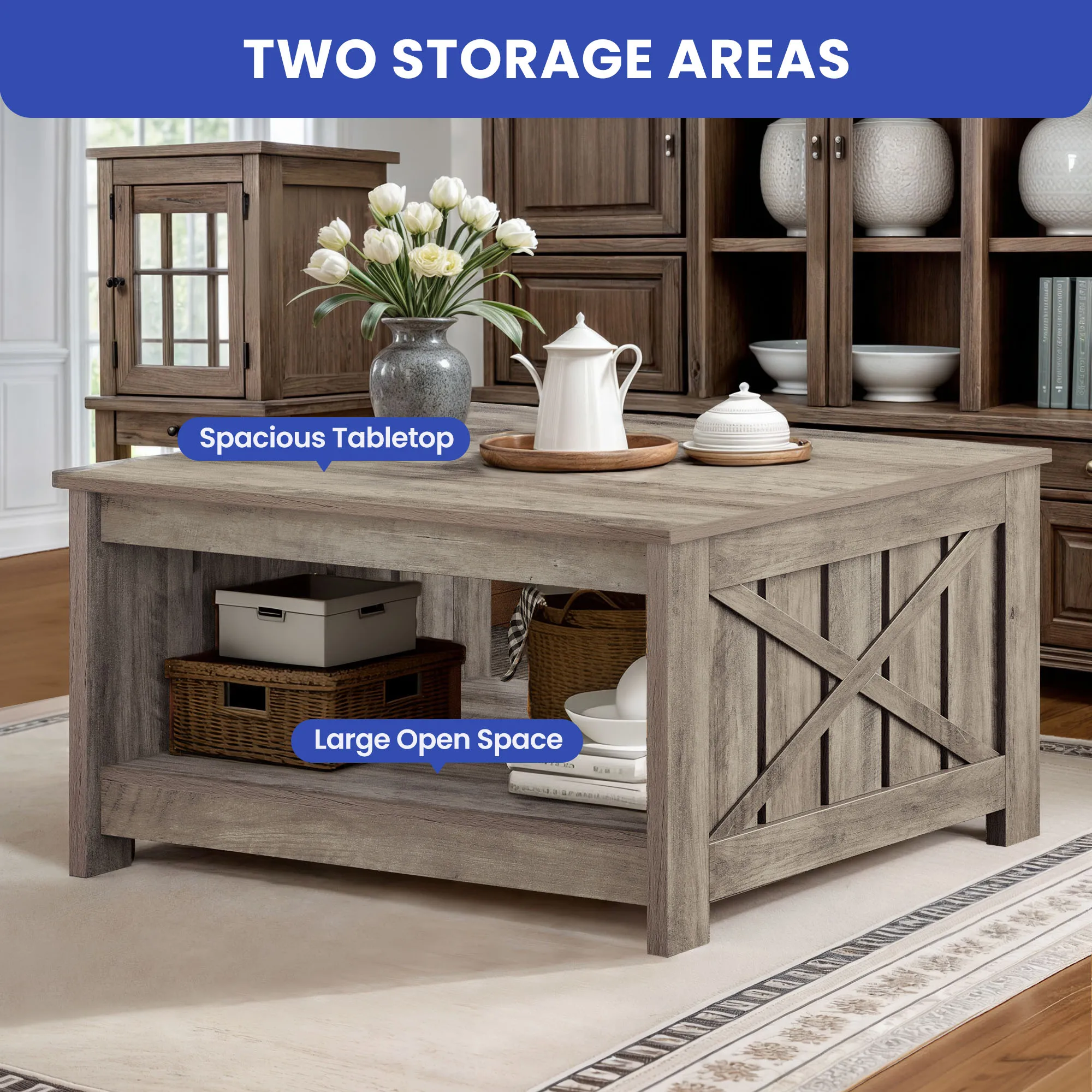 Coffee Table Farmhouse Coffee Table with Storage Rustic Wood Cocktail Table,