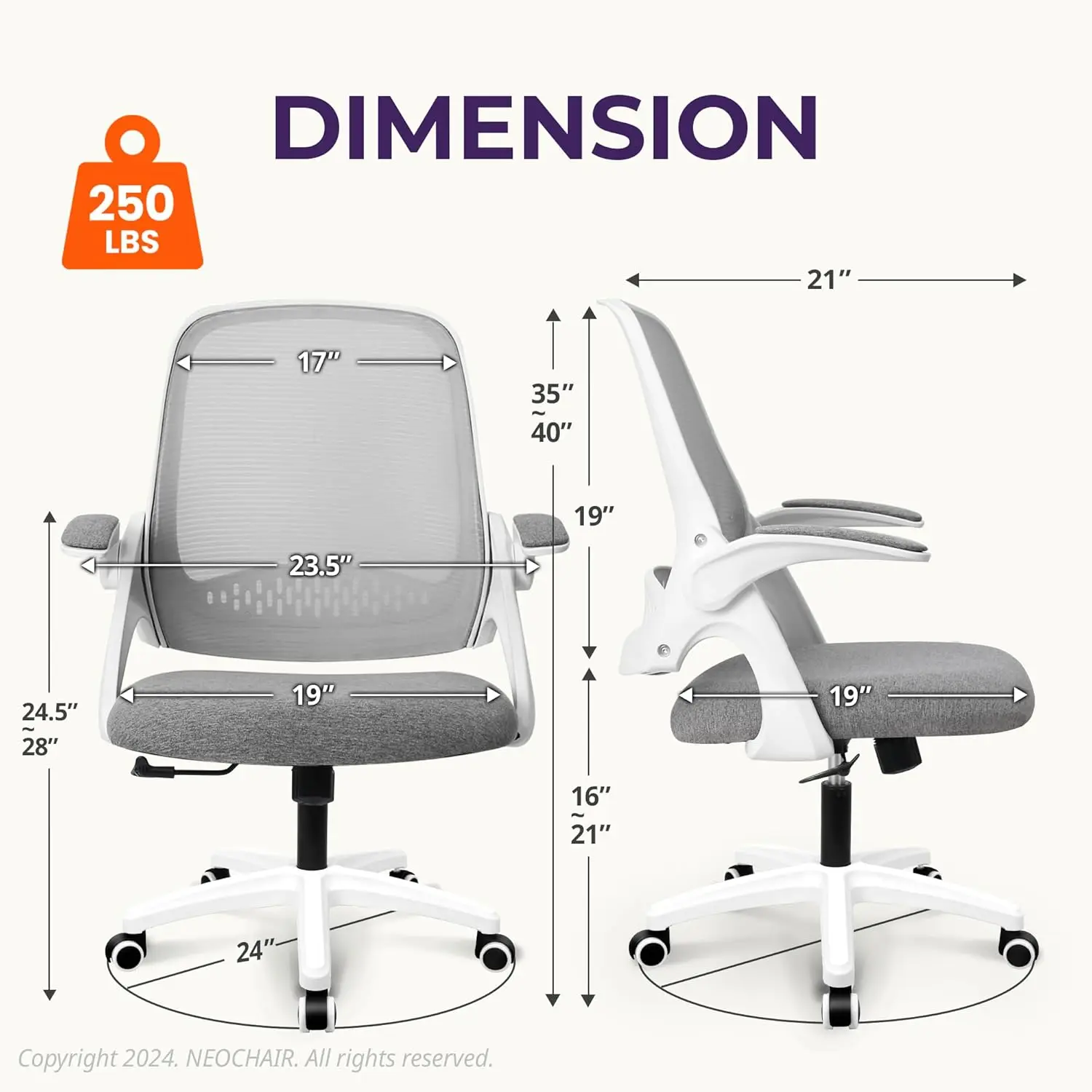 Office Desk Computer Gaming Ergonomic Chair with Lumbar Back Support Adjustable Height Swivel Wheels Flip-up Arms Mesh Chair