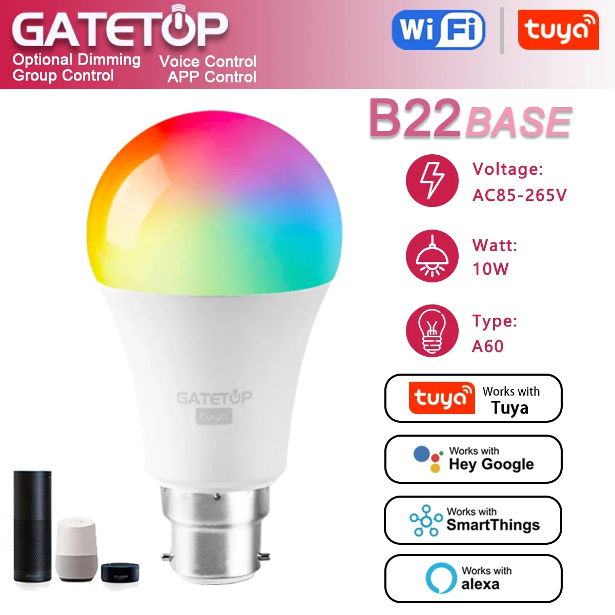 Tuya 스마트 RGB 전구 10W 밝기 조절 가능 와이파이 LED 매직 램프, AC 110V 85V-265V, 알렉사 구글 홈과 함께 작동, A60, B22