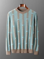 Jacquard Thicken 100% Pure Wool Sweater Men's Crew-Neck Knitted Pullover Fashion Color Match Large Size Clothing Autumn Jacket 1