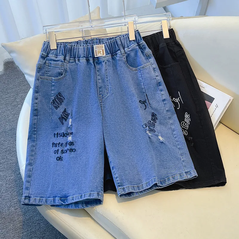 

100/150kg big size women clothing oversize chubby female workwear pants summer high waisted loose cropped jeans 6XL 7XL
