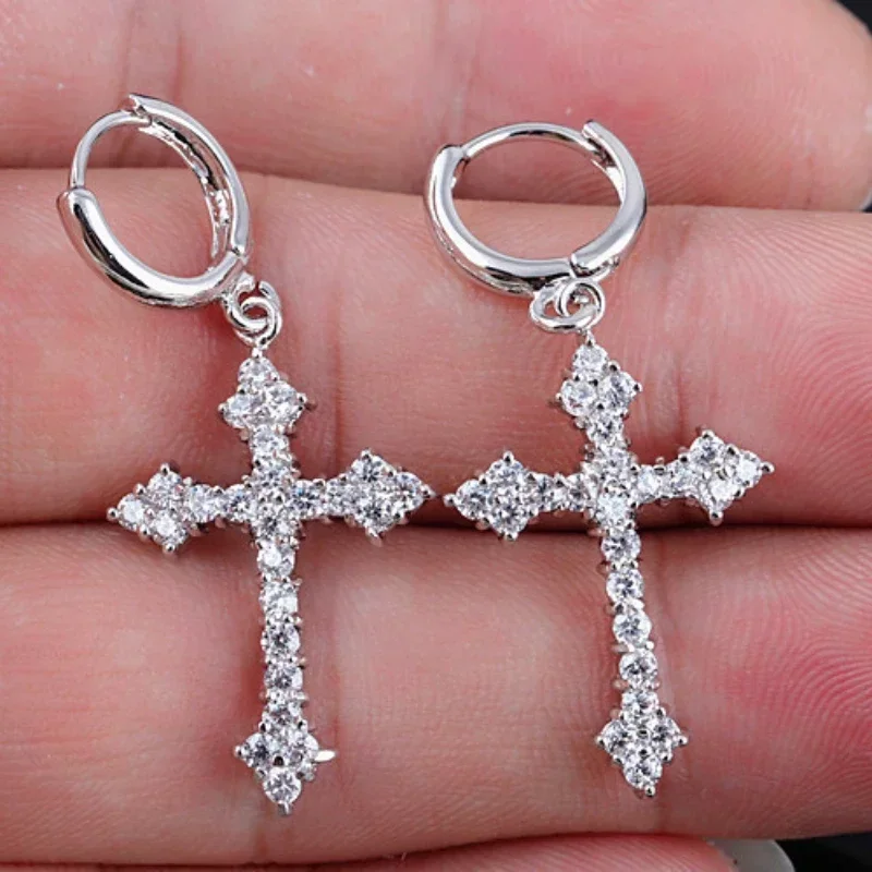 Korean Zircon Crystal Cross Women Drop Earrings for Gothic Punk Hip Hop Party