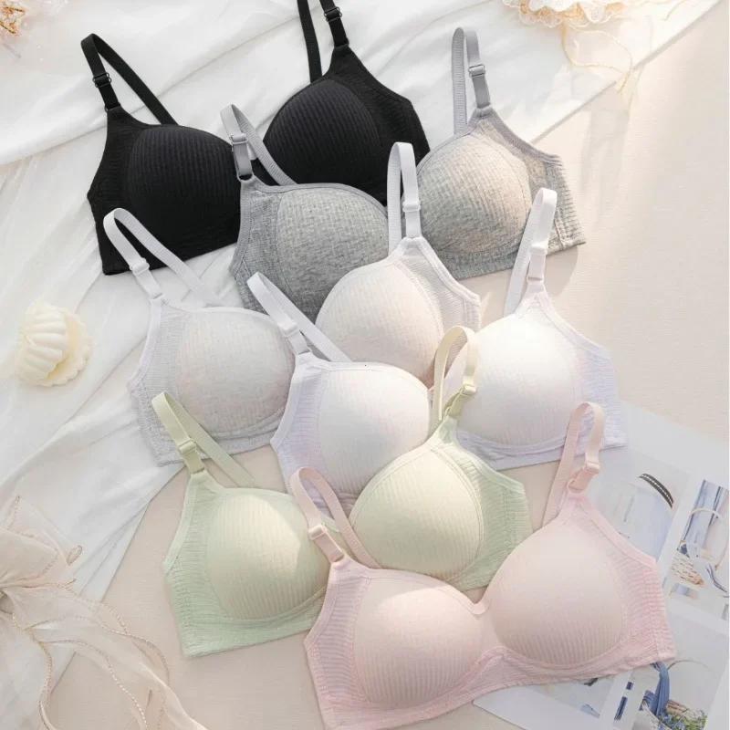 Full Cotton No Steel Ring Bra for Women Summer Breathable Light Color Plus Size Bras Girls Gathered Chest Lift Fashion Underwear 2