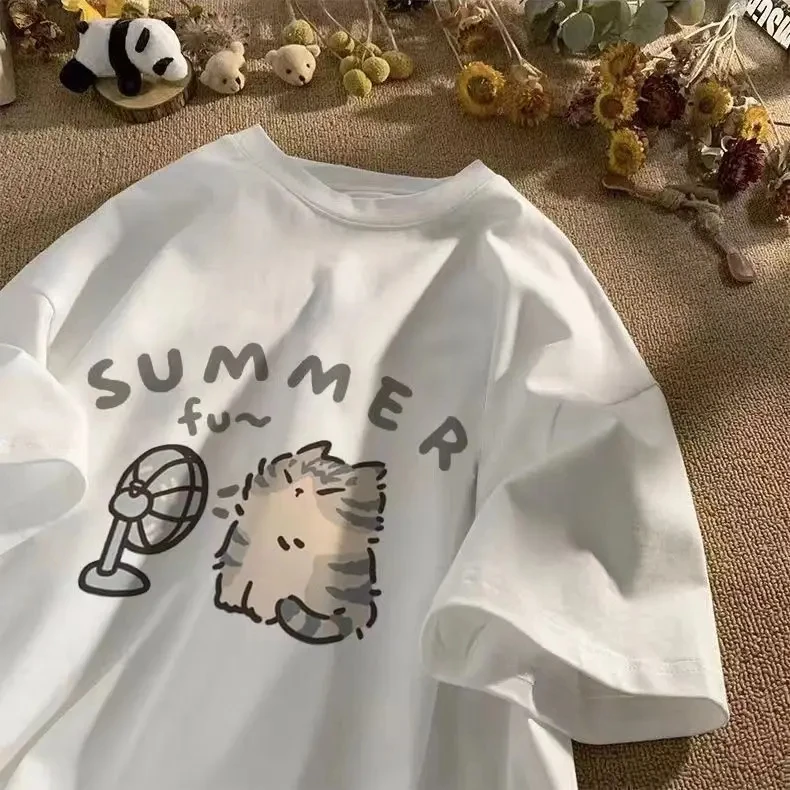 Korean Street Style Cat Print Cotton T-Shirt – Unisex Summer Comfort