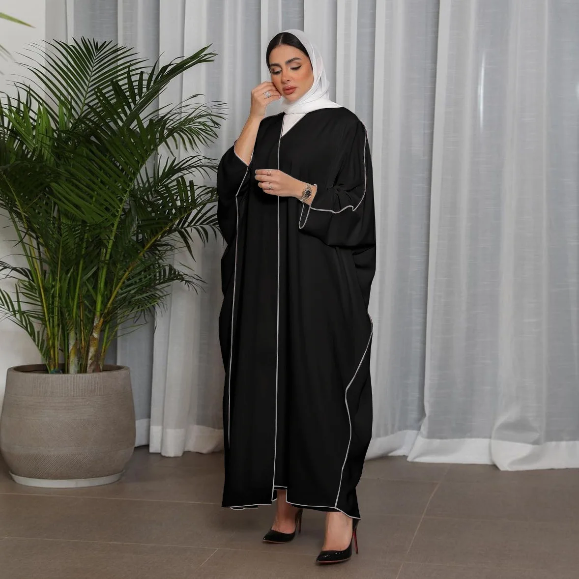 Open Abaya Dubai Women Muslim Hijab Dress Solid Kaftan Turkish Clothing Lace up Big Swing Long