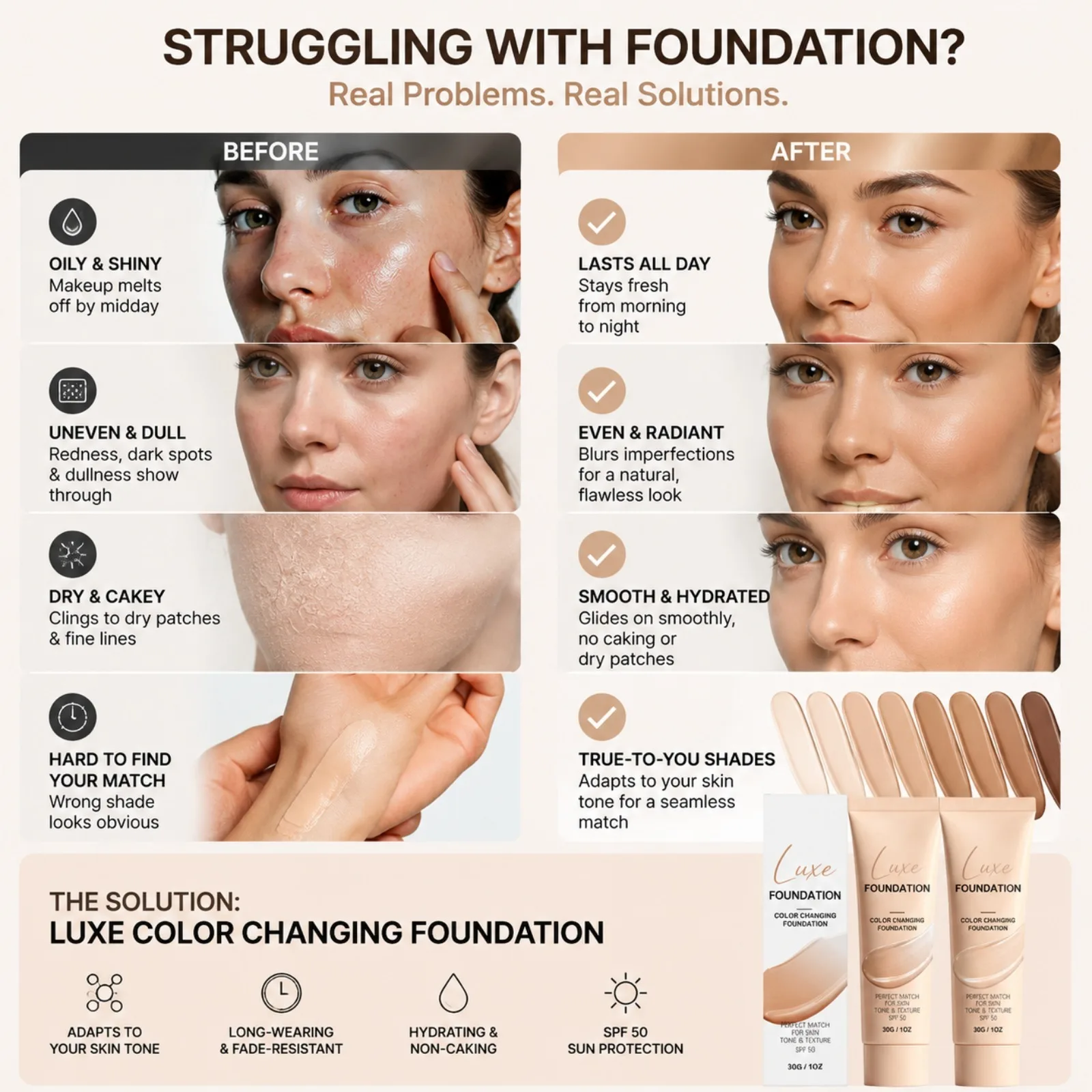 Fondotinta SPF 50 che cambia colore per nascondere le imperfezioni del viso, auto-regolante, si adatta al tono della pelle, trucco invisibile per il viso. - immagine 6