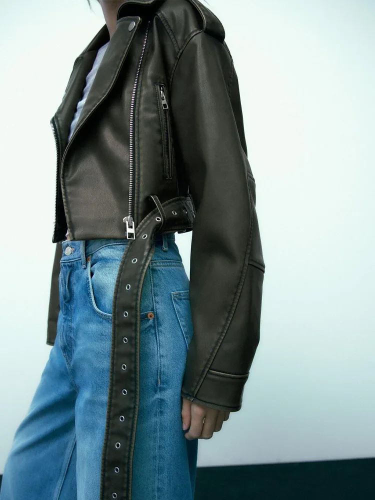 Faux Leather Utility Jacket PU Gorpcore Chain Bomber Catwalk