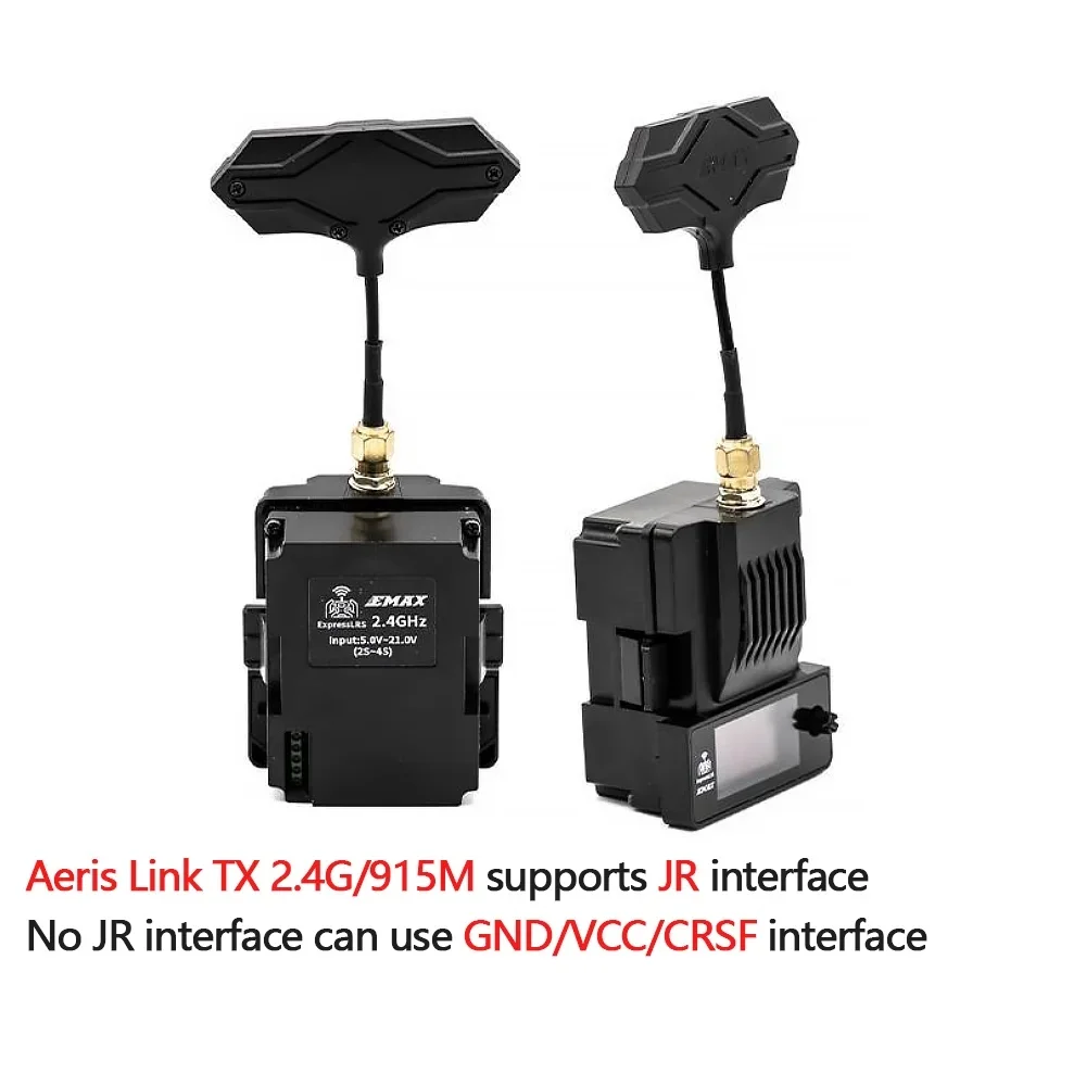 Module émetteur EMAX Aeris Link ExpressLRS ELRS 2.4G/915MHz avec écran OLED allumé affichant des données télémétriques.