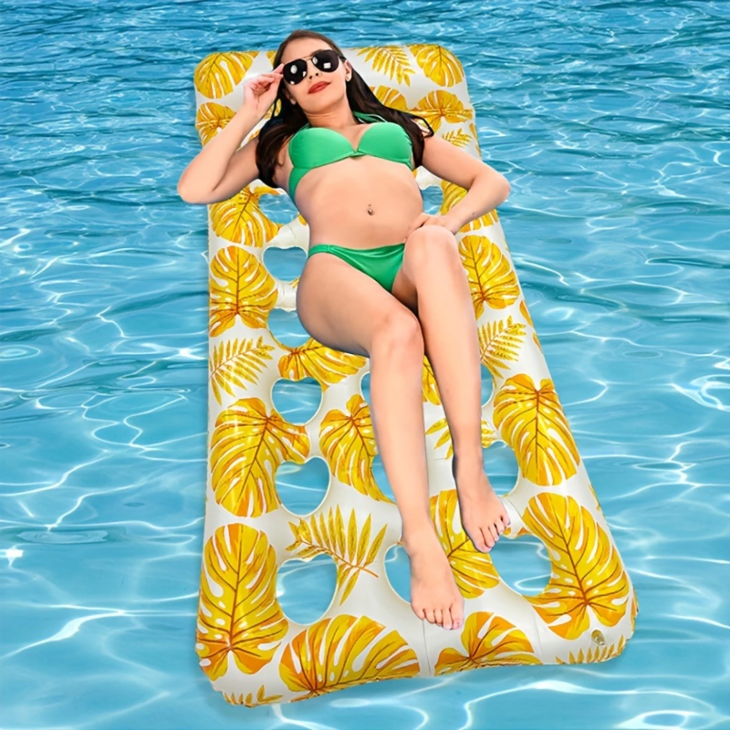 Inflatable Floating Raft For Adults, Leaf Printed Floating Bed, Summer Beach Pool Supplies