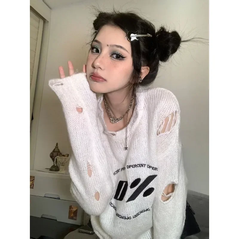 

Y2K vintage white women's ripped sweater Korean fashion grunge knitwear oversized Gothic knitted jumper Kpop Harajuku