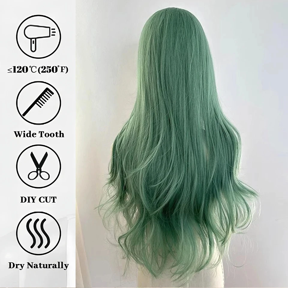 Green Synthetic Wavy Wig with Bangs for Women Daily Use