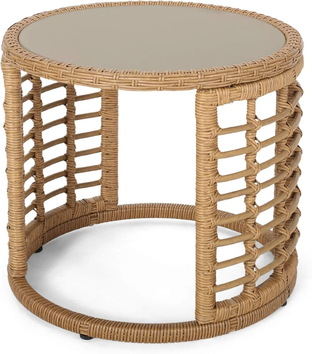

Outdoor Modern Boho Wicker Side Table with Tempered Glass Top Light Brown POLYETHYLENE RATTAN MODERN BOHO
