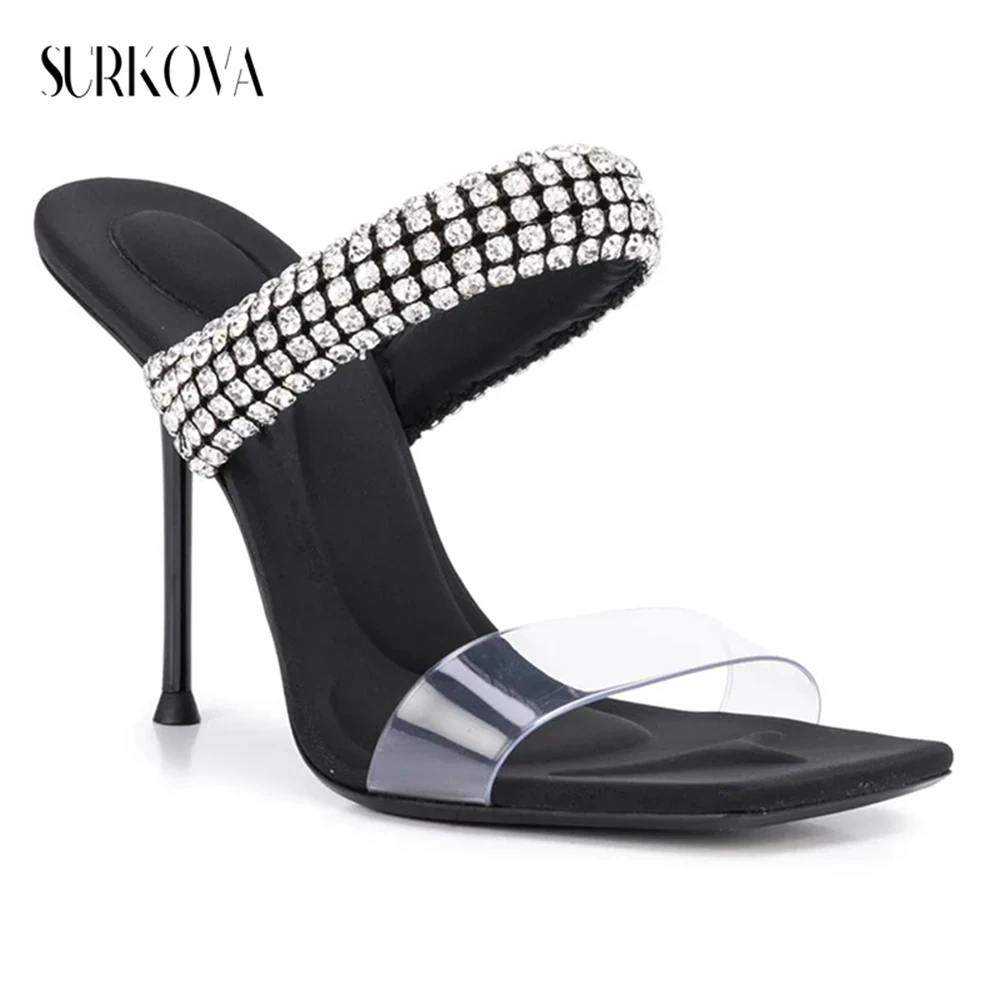 

Rhinestone Pvc Transparent Open-Toe Sandals Square Toe Stilettos Sexy Dress Catwalk Shoes for Women All Match High Heel Slippers
