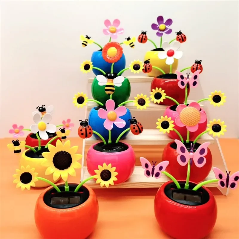 Solar Toys Cute Flower Butterfly Bee Swinging Doll Solar Car Ornament Creative Cartoon Flower Desktop Ornament Decoration
