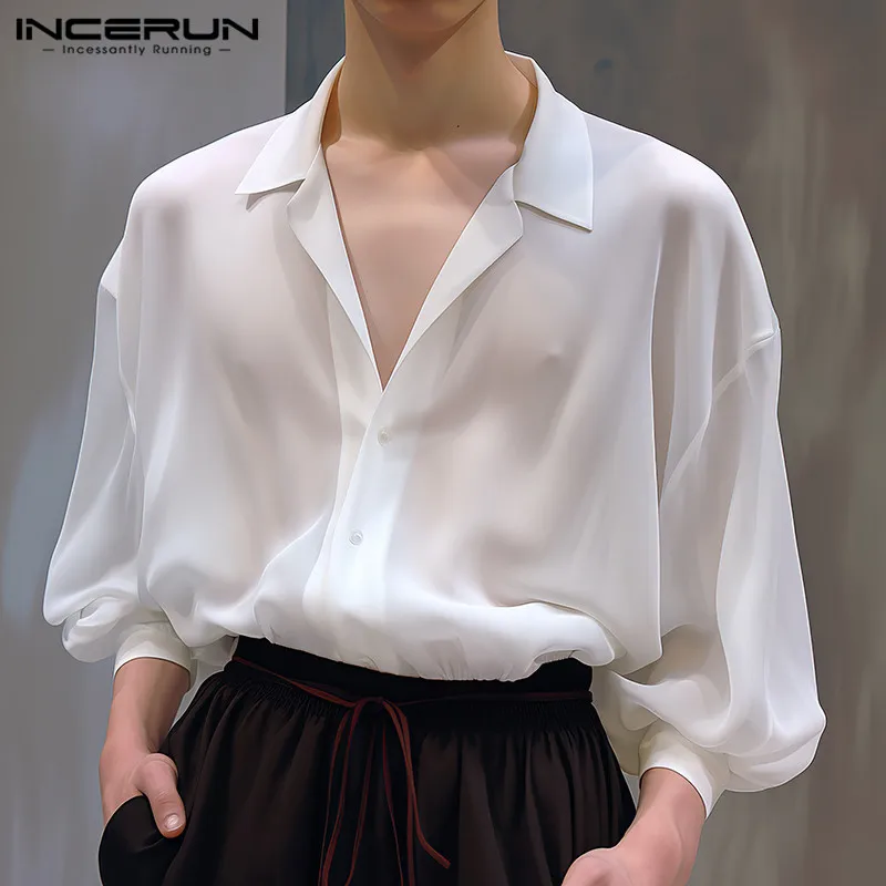 

INCERUN Tops 2024 Korean Style Handsome Men's Sexy Slightly Transparent Shirts Casual Streetwear Male Long Sleeved Blouse S-5XL