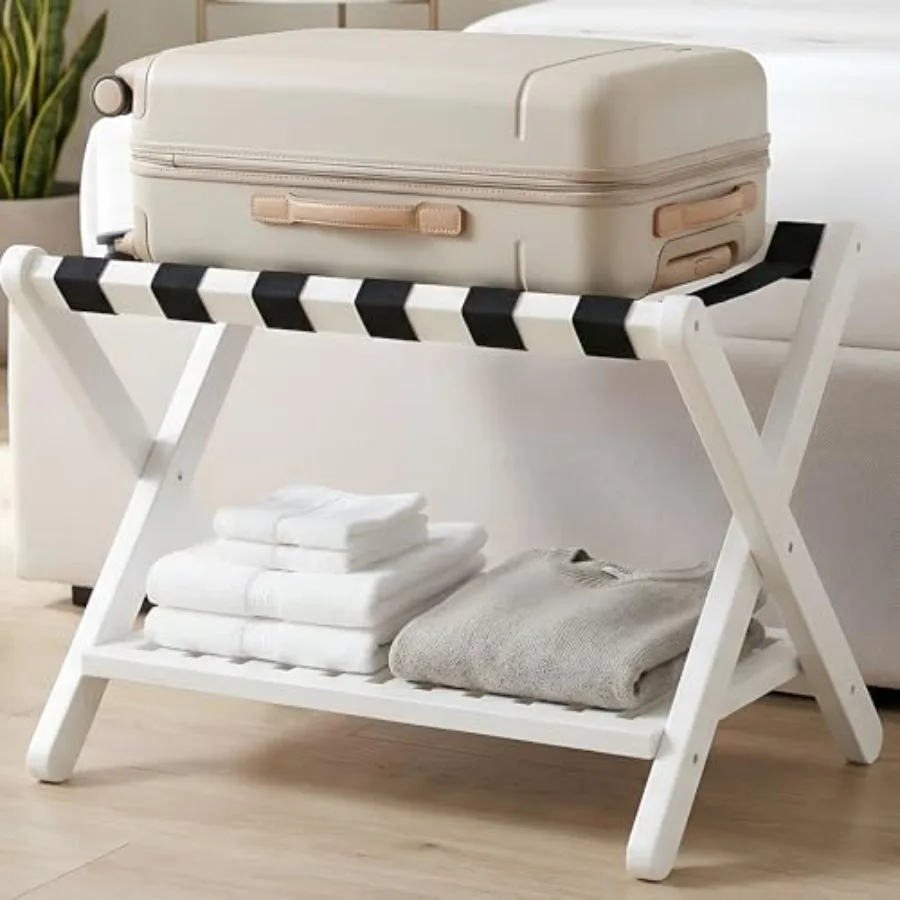 Bamboo Folding Luggage Stand Suitcase Holder for Guest Room Bedroom Hotel Heavy Duty Luggage Rack with 5 Reinforced Straps Hold