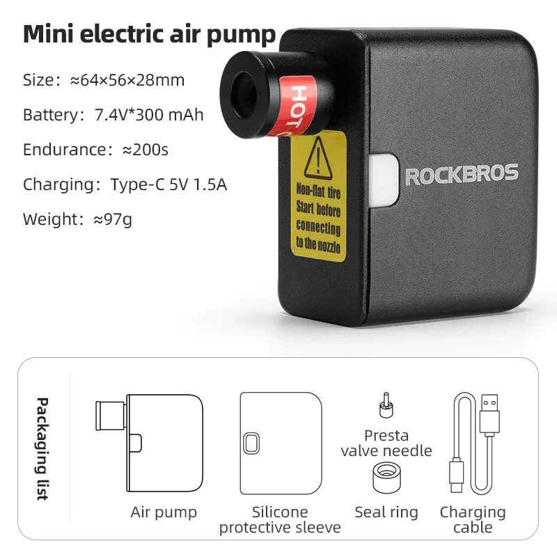 

ROCKBROS Mini Electric Air Pump Portable 100PSI Rechargeable Compressor Tire Inflator For Car Bike Motorcycle Bicycle Pump