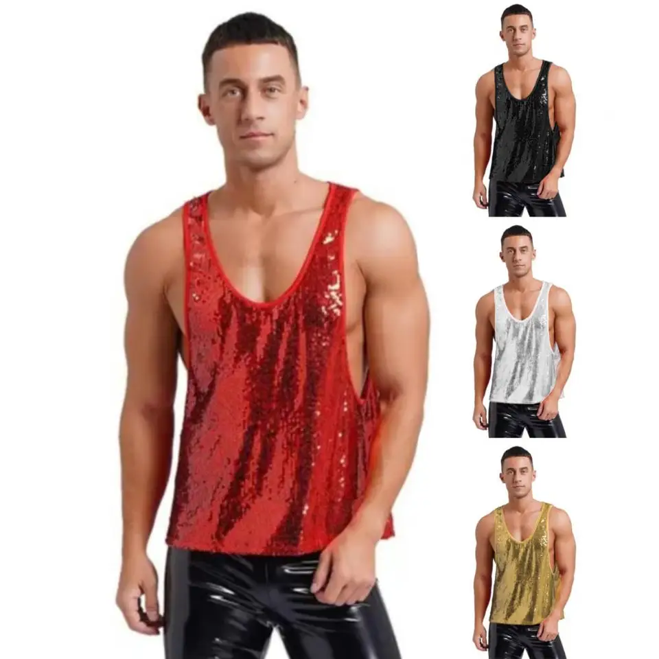 Heren glanzende pailletten tanktops ronde hals sprankelende