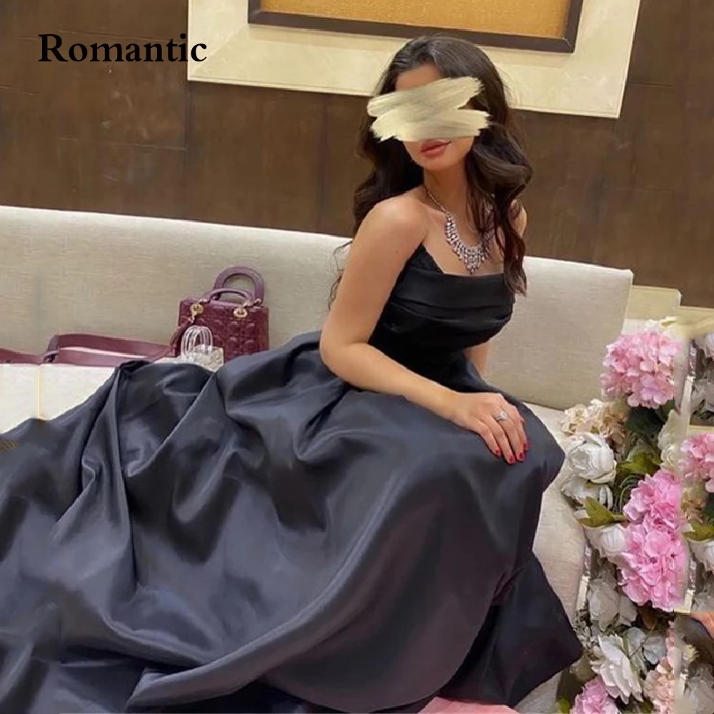 

Romantic Black Satin Simple Evening Dress Sleeveless Strapless Sexy Prom Gowns Saudi Arabia Vestido de festa Formal Occasion