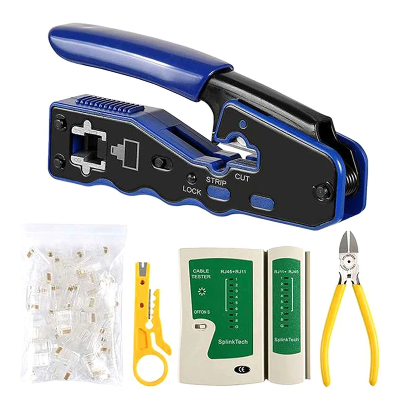 

Network Lan Cable Tester RJ45 Crimp Tool Pass Through Modular CAT6 Cat5e Cat5 Crimping Parts Kit 150PCS Through Connectors